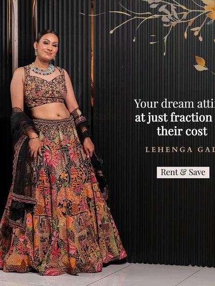 Your dream attires at just a fraction of their cost. This multi-colored thread-work lehenga is a piece of art, available for you to rent.
