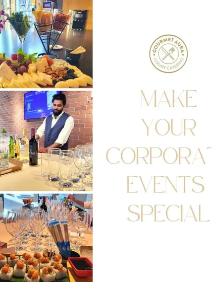A collage from a corporate event, showing our bar setup, cheese platters, and sushi. We make corporate gatherings special with our attention to detail and quality.