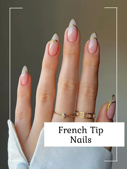 This is my modern take on a classic. The elegant French manicure is updated with a delicate gold outline along the tip, creating a refined and chic look on beautifully shaped almond nails.
