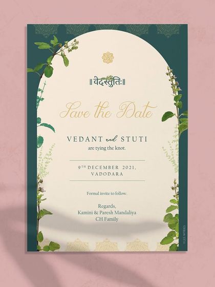 A mock-up of the Tulsi-themed Save the Date, framed by an illustrated arch. This version shows how the design can be presented with more elaborate details while maintaining its graceful aesthetic.