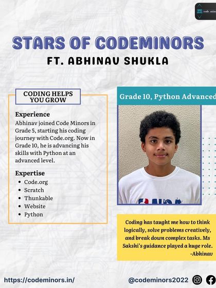 Meet Abhinav Shukla, a Grade 10 student who has been with Code Minors since Grade 5. His journey from Code.org to advanced Python showcases the long-term growth path I offer, helping students build a deep expertise over years.