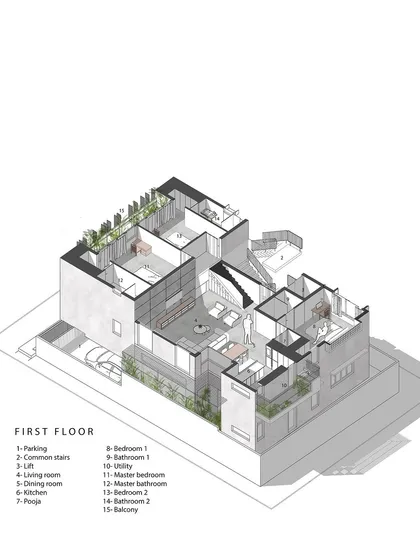 An axonometric drawing of the first-floor plan for the 'Triode' apartments. This type of drawing allows us to see the layout in 3D, helping us to refine the spatial relationships between rooms and ensure a functional design.