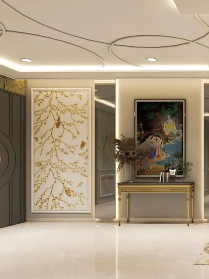 The entrance render for the Ghatkopar project, featuring a bold door design and stunning peacock wallpaper.