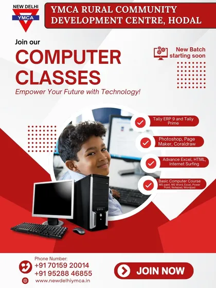 We also offer foundational computer classes at our Rural Community Development Centre in Hodal. This program covers essential skills like Tally, Photoshop, and Advanced Excel to empower local futures.