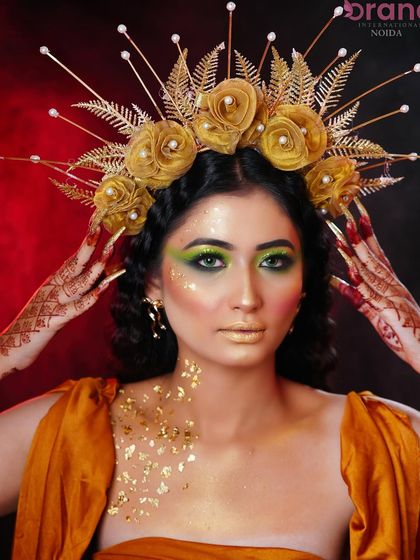 This pose showcases the elaborate headpiece, a key element of this fantasy creation.