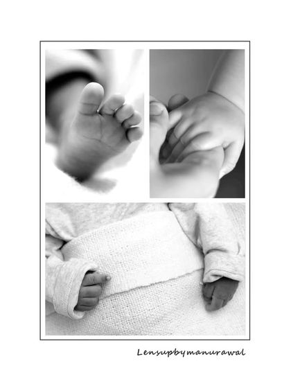 This black and white collage focuses on the tiny details: a perfect foot, a grasping hand, and little fists. It's an artistic way to remember just how small and delicate your newborn was.