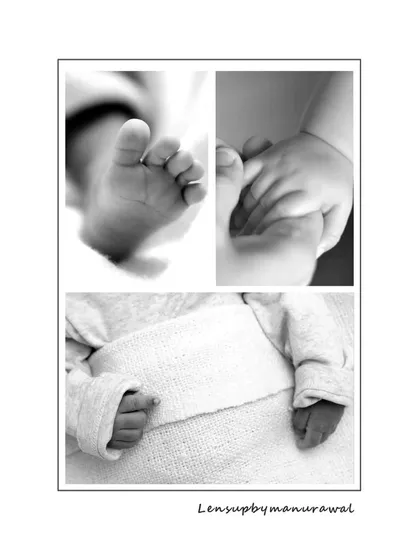 This black and white collage focuses on the tiny details: a perfect foot, a grasping hand, and little fists. It's an artistic way to remember just how small and delicate your newborn was.
