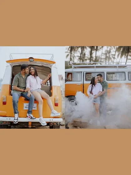 A diptych showing two fun moments from the van shoot, one seated on the back and another with romantic smoke effects.