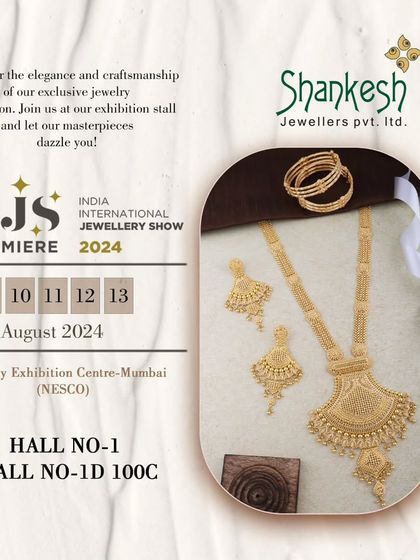 An invitation to the IIJS Premiere 2024 show. This poster highlights our stall details and showcases a sample of the exquisite jewellery we will have on display.