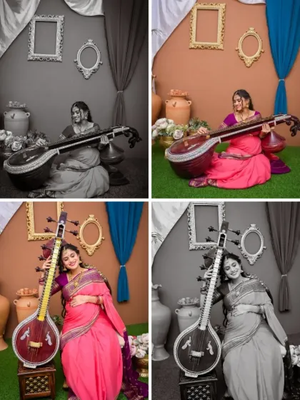 This quad-panel shows the same portrait in different editing styles, including full color and black and white. It demonstrates how we can use post-production to enhance the mood of your traditional maternity photos.