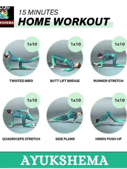 A quick 15-minute home workout routine featuring a mix of yoga and fitness exercises like Twisted Bird, Butt Lift Bridge, and Hindu Push-Up.