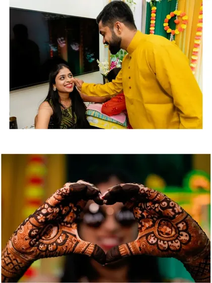 A collage showing a tender moment between the couple and a creative heart-shaped pose with the bride's mehendi hands.