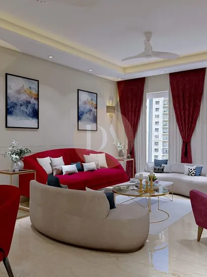 A 3D render of a living room with vibrant red furniture against neutral walls. This shows our ability to create bold, energetic spaces that are balanced with classic elements like wainscoting and elegant lighting.