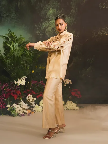 The Lunara Co-Ord Set, where delicate hues are transformed into wearable art with handcrafted work and pearl details.