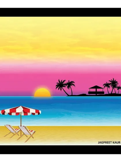 A vibrant, colorful beach scene. This is my go-to mental escape, a piece I created while pretending I was at the beach during lockdown.