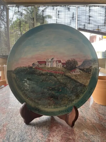 Some projects are incredibly special. This plate was a custom commission, hand-painted with a depiction of the Kodaikanal Solar Observatory as a retirement gift for a scientist who spent his career there.