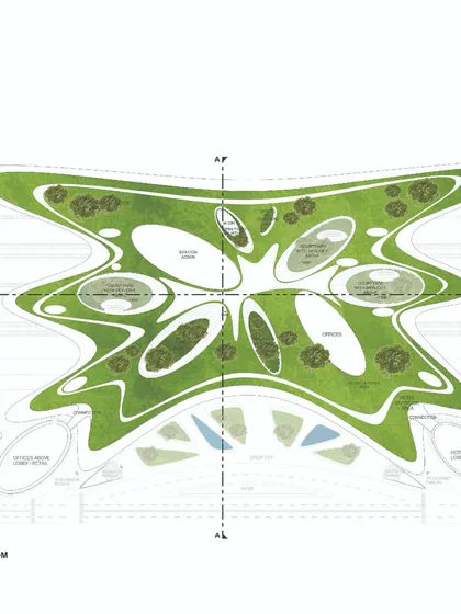 A detailed roof plan showing the layout of the green spaces, pathways, and seating areas on the station's terrace.