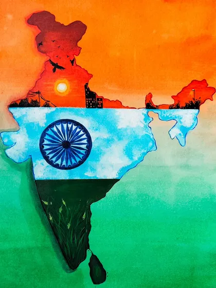 My tribute to India, this painting shows the map of our country filled with its diverse landscapes. From the urban sunset in the north to the green fields in the south, all united by the Ashoka Chakra, this piece is a celebration of our nation's spirit.