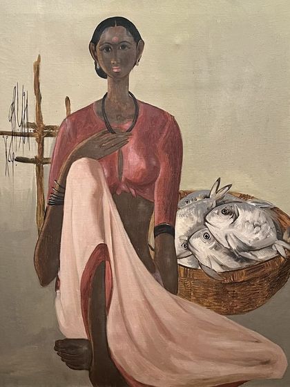 A work from B. Prabha's renowned 'Fisherwoman' series, dated 1984. Her art captures the dignity and resilience of rural Indian women, highlighting their strength and perseverance in the face of socio-economic challenges.