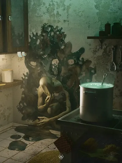The 'Blind Thief' is a creature I designed that can pass through walls, leaving a slimy residue. The concept here was a domestic horror scene, with the creature hunched in a dirty kitchen corner, creating a sense of invasion and unease.