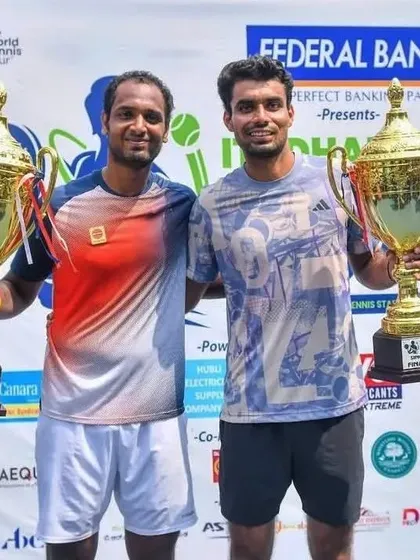NTC's Digvijay Pratap Singh with his finalist trophy after a hard-fought match against Asian Games medalist Ramkumar Ramanathan in the finals of the ITF 25k Men's Tournament in Dharwad.