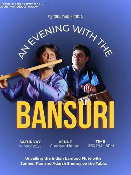 The poster for 'An Evening with the Bansuri', promising a soulful journey into the serene and captivating sounds of the Indian bamboo flute.