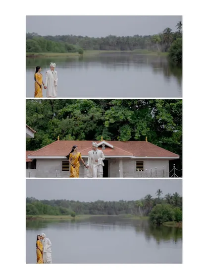 A triptych of images from a riverside shoot, showcasing the couple against the water and nearby architecture.