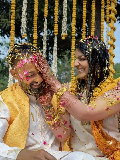 The Haldi ceremony is all about pure, unfiltered joy. This is one of my favourite moments to capture, where everyone lets loose and the real fun of the wedding begins. The laughter, the colours, it's simply infectious.
