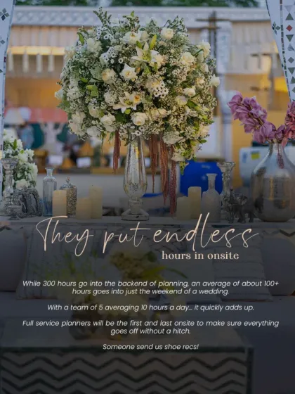 My team and I put in endless hours on-site to ensure everything goes off without a hitch. We are the first to arrive and the last to leave, managing every detail of the wedding weekend.