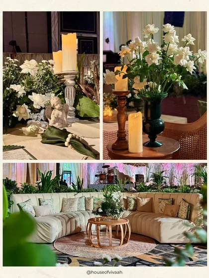 A collage of details from the greenhouse-themed event, including close-ups of the napkin rings, floral arrangements, and the plush, comfortable lounge seating.