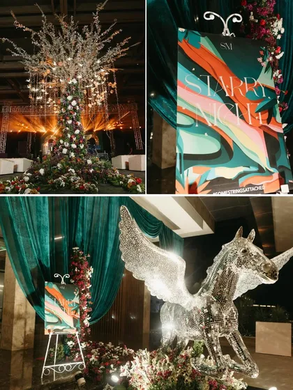 For this reception, we brought a 'Starry Night' theme to life. The entrance featured a custom-designed welcome sign, a magnificent crystal Pegasus statue, and a wishing tree, setting a magical and glamorous tone for the evening.