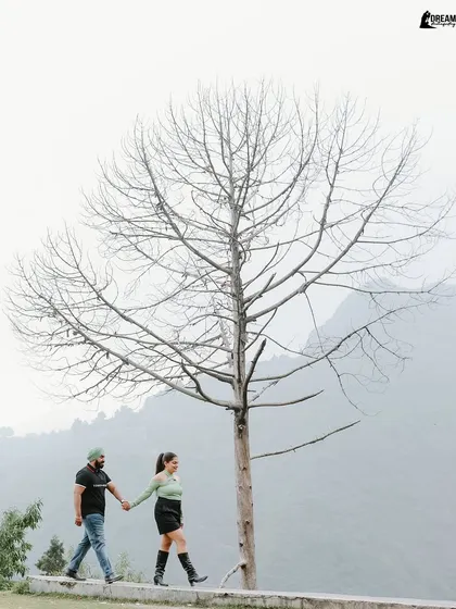 A simple, elegant shot of the couple walking hand-in-hand beside a bare tree, with the mountains creating a beautiful, minimalist backdrop.