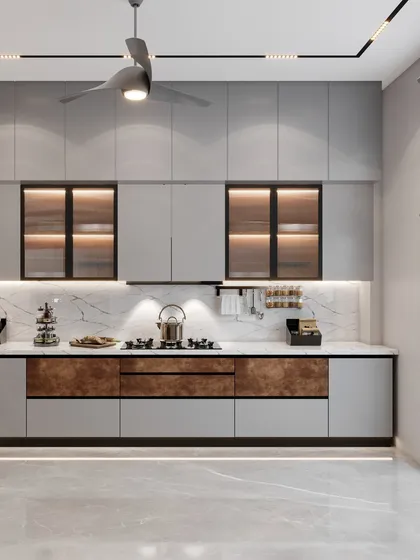 This view highlights the combination of open and closed storage, with glass-front cabinets and warm wood accents. The design is both luxurious and highly functional.