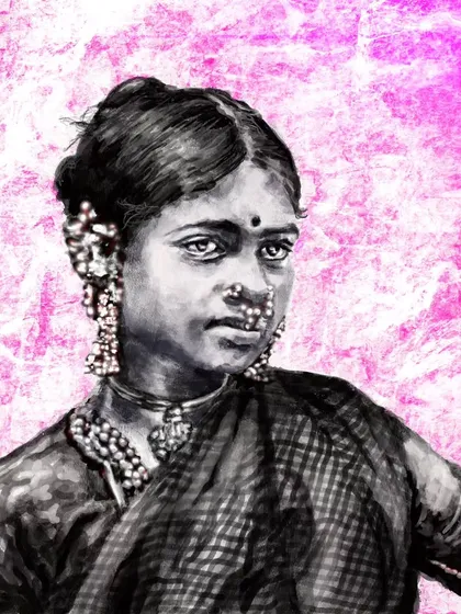 A digital portrait of a vintage Indian woman, created on my iPad. I love exploring monochrome palettes to bring historical photographs to life, celebrating the strength and grace of our ancestors.