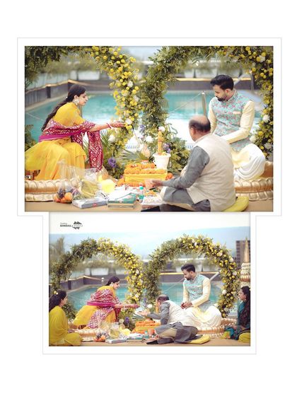 A collage of the poolside Haldi ceremony. The beautiful floral arches and the traditional rituals create a picturesque setting.