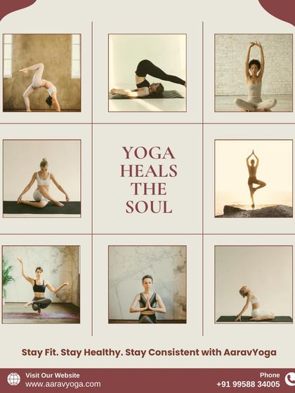 "Yoga Heals the Soul." This grid of inspiring yoga poses reminds us to stay fit, healthy, and consistent with a practice that nurtures the mind, body, and soul.