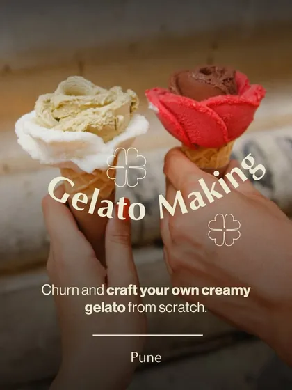 Crafting your own creamy gelato is a treat for the senses. Here, we've shaped pistachio and strawberry gelato into beautiful roses, a technique you can learn in our hands-on gelato making session in Pune.