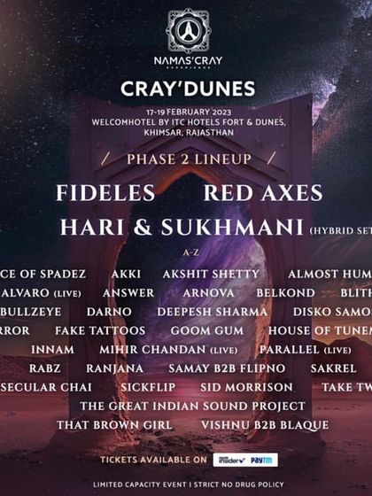 The Phase 2 lineup for Cray'Dunes, a unique boutique festival at ITC Hotels Fort & Dunes in Rajasthan. I was thrilled to be part of this curated experience alongside artists like Fideles and Red Axes.