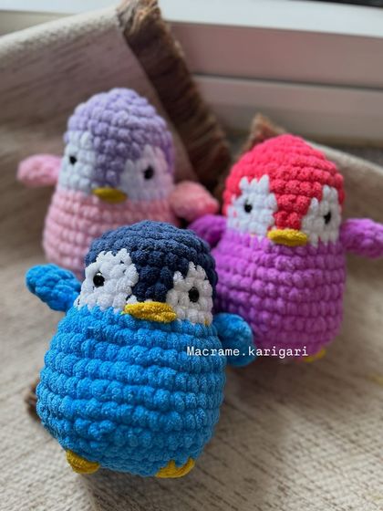 A trio of our handmade chunky yarn penguins. Their simple design and soft texture make them a hit with both kids and adults.