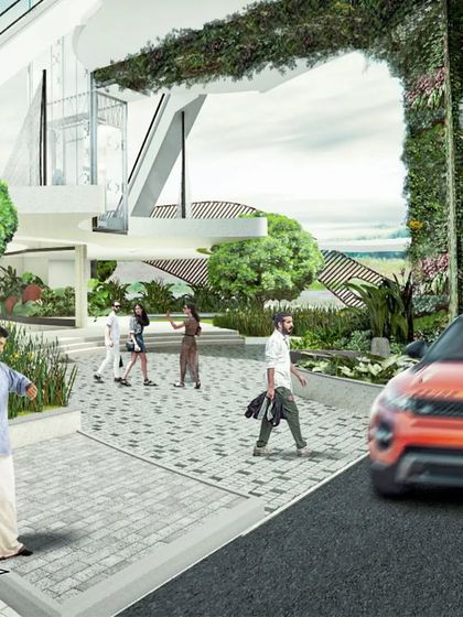 A vertical green wall, designed to mimic the 'Nettipattam' of a temple elephant, creates a grand, culturally relevant entrance at CIAL. The design uses a mix of native grasses and trees to create a 'paddy field' feel, celebrating Kerala's agricultural heritage.