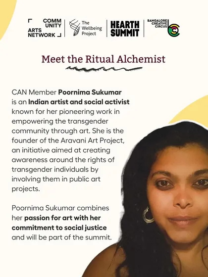 Meet a contributor to the Hearth Summit, Poomima Sukumar, founder of the Aravani Art Project. The summit brings together changemakers who combine their passion for art with a commitment to social justice.