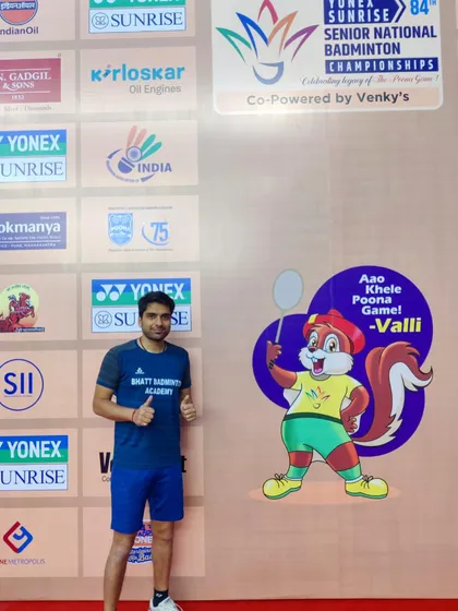 One of my academy players at the 84th Senior National Championship in Pune, a prestigious event for India's top badminton talent.
