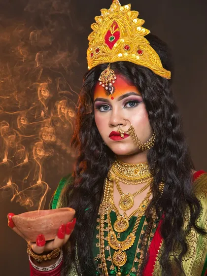 The Goddess Durga look, enhanced with the smoke from a diya, creating a mystical and divine atmosphere.