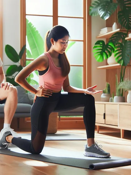 Want to stay fit without leaving home? I guide my patients through effective at-home exercises like bodyweight squats and lunges. Here, a therapist ensures proper form during a lunge, which is crucial for building strength and preventing injury.