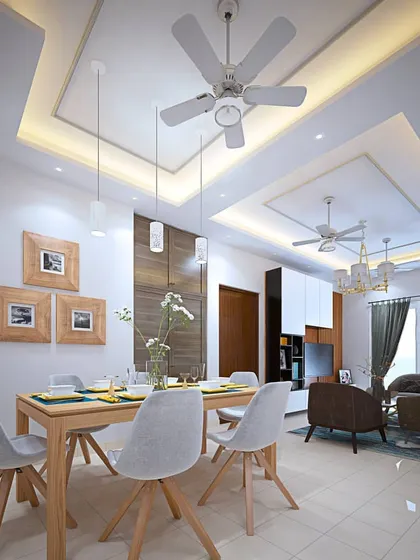 This residential interior shows an open-plan living and dining area with a Scandinavian-inspired modern design. I used light wood tones, simple furniture, and layered ceiling lighting to create a space that feels bright, clean, and welcoming.