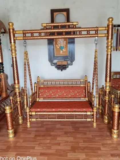 You can rent my authentic Sankheda jhula for your events. This is a high-quality, sturdy wooden swing with traditional brass-plated designs, perfect for baby showers, naming ceremonies, or weddings. I deliver it across Mumbai and Navi Mumbai.