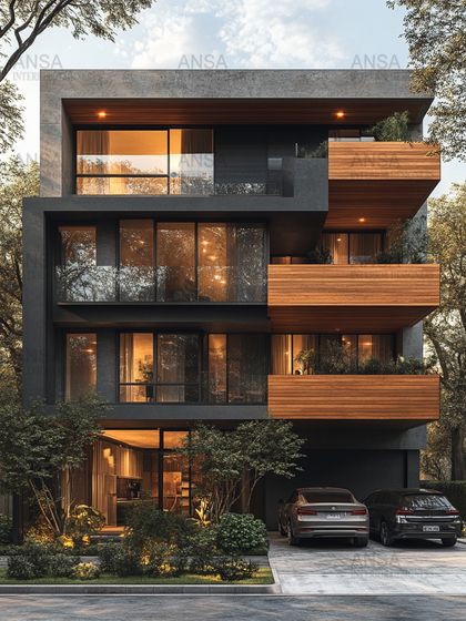 A modern facade that plays with contrasting materials. The dark concrete structure is softened by warm wood balconies and lush greenery, creating a design that is both bold and balanced.