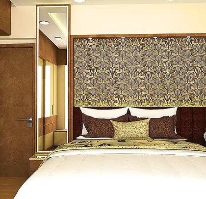 A close-up of the headboard for the parents' bedroom design. We used a beautiful patterned fabric to create a feature element that is both elegant and comfortable.
