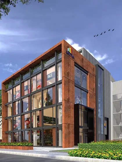 This daytime 3D render visualizes an upcoming commercial property on Church Street, designed with extensive glass to maximize natural light for the internal retail spaces.