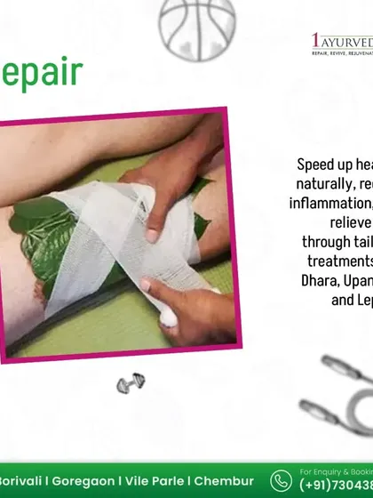 Our 'Repair' phase focuses on healing damaged tissues and reducing inflammation. This image shows a Lepam, a medicated herbal paste being applied and wrapped around an injured area. This treatment provides targeted relief for sports injuries, muscle tears, and inflamed joints.